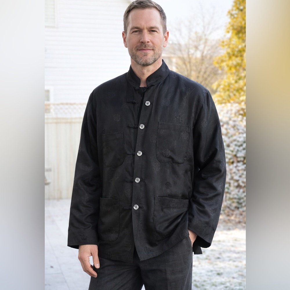 Vintage Peony Men’s Chinese Jacket 100% Silk Black Jacquard Mandarin Collar L